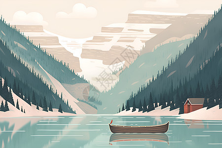 安静的冬日湖面一只孤舟图片