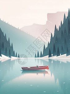 冬日宁静之湖孤舟漂浮背景图片