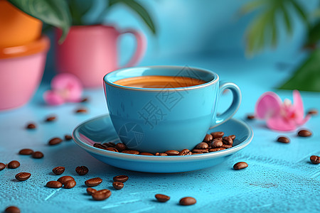 蓝色杯子里的咖啡背景图片