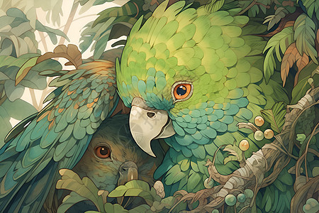 丛林中两只鹦鹉背景图片