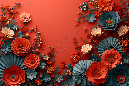 红色背景上的花朵和纸扇背景图片