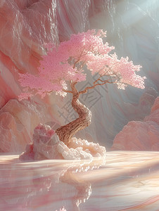 梦幻奇景粉树与流水图片