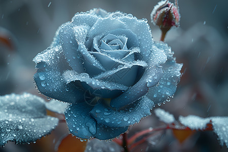 冰蓝色的玫瑰水珠点缀图片