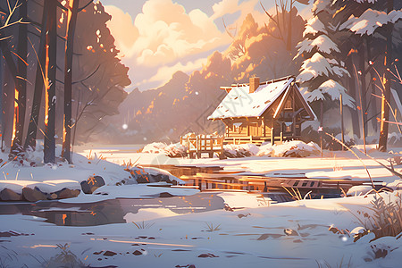 冬季阳光下的小屋背景图片