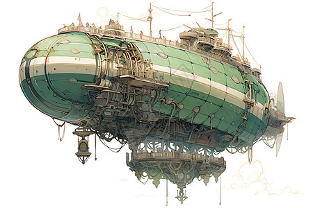 蒸汽朋克风格的手绘飞船背景图片