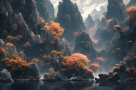 神奇的山水湖泊小船与秋叶图片