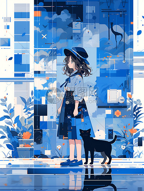 少女与猫在迷人的蓝色背景前图片