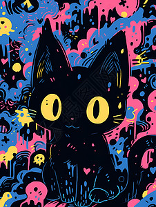 彩色涂鸦中的欢快黑猫图片