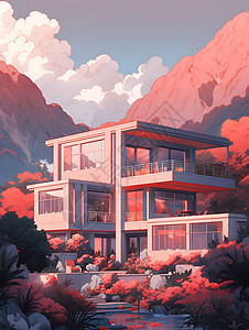 桃红色背景的别墅图片