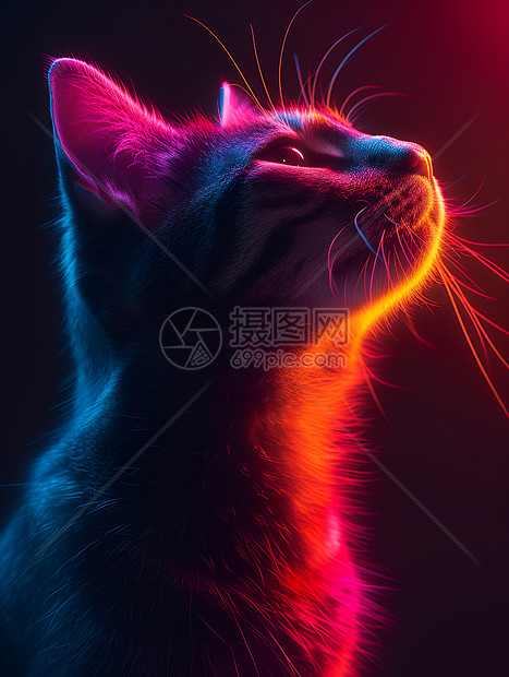 猫咪仰望红色光芒的夜空光线与深度交织的空间艺术图片