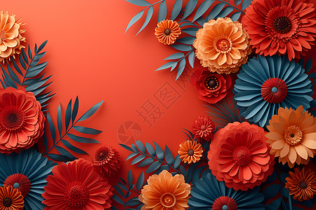 红色背景中的花朵和扇子背景图片