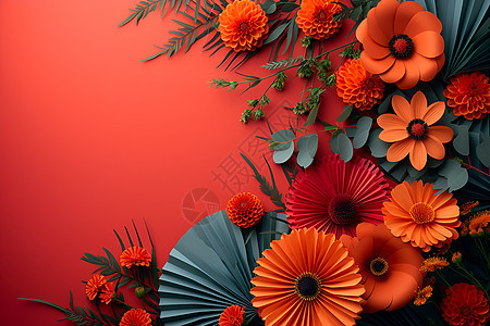 红色背景上的花与扇子图片