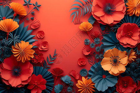 红色背景中的花朵和扇子背景图片