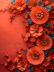 红色剪纸的花朵背景图片