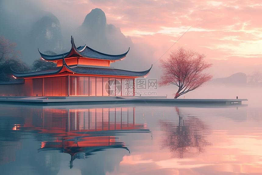 湖边的中国红图片