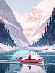 绝美湖泊流淌着的一艘红色独木舟图片