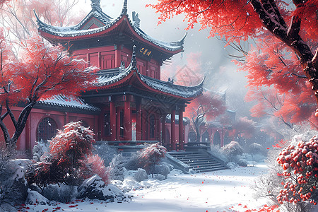 雪中红墙红树伴随图片
