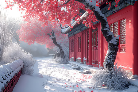 雪中红墙雪景下的宫殿图片