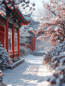 冬日寒雪映红墙背景图片