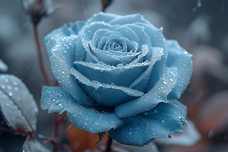 蓝色雨中的玫瑰图片