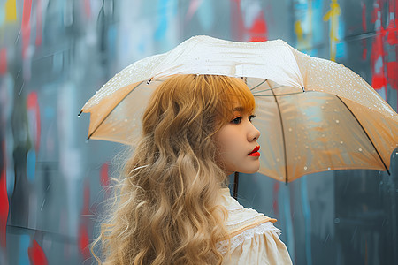 长发女子撑着雨伞图片