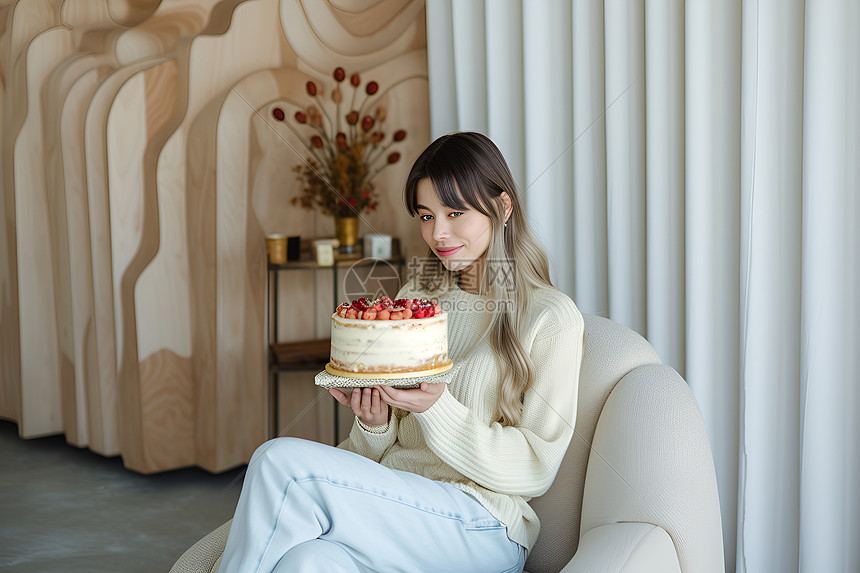 女士坐在沙发椅上拿着生日蛋糕图片
