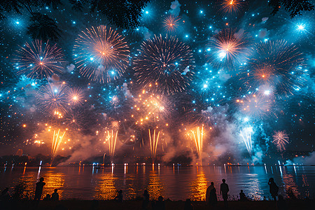 夜晚海边璀璨的烟花背景