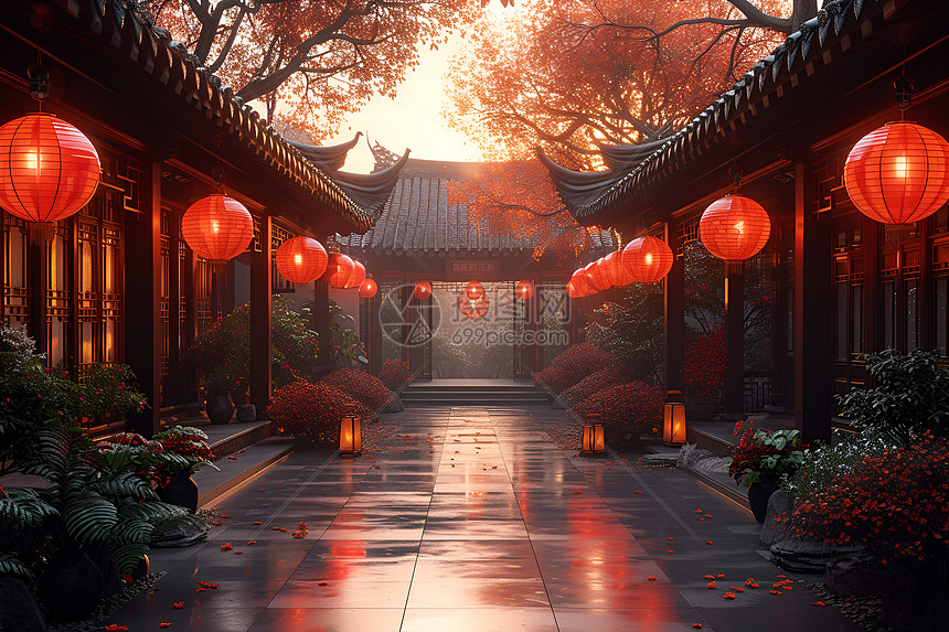 传统中国庭院春节氛围图片