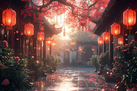 传统中国的庭院迎接新年背景图片