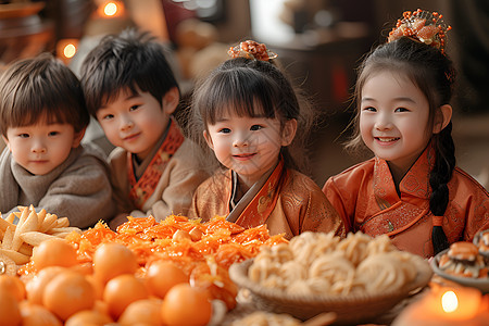 孩子们围坐餐桌背景图片