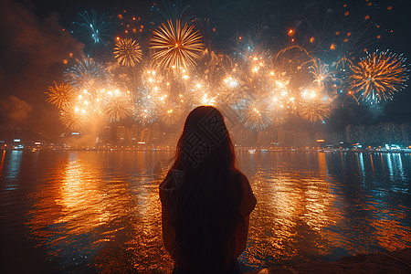 海边烟花烟花下的女孩背景