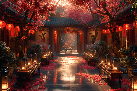 挂着灯笼的中国式庭院图片