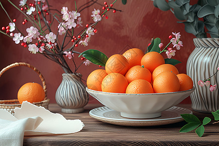 手绘橘子桌子上摆放的果盘背景