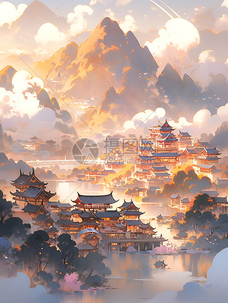 山水建筑风景插画图片