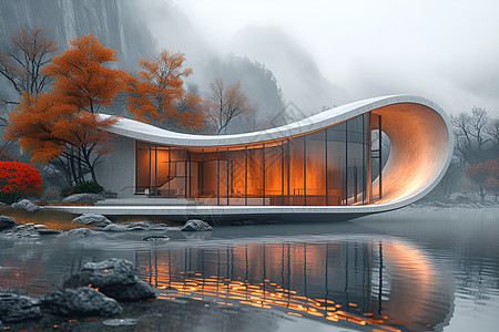 湖畔未来与现代建筑图片