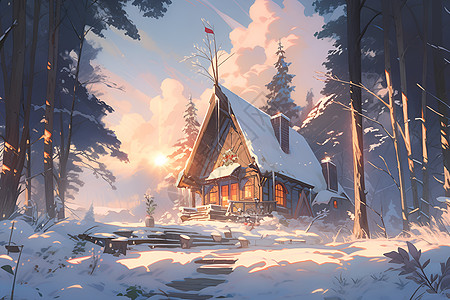 冬日里的童话小屋高清图片