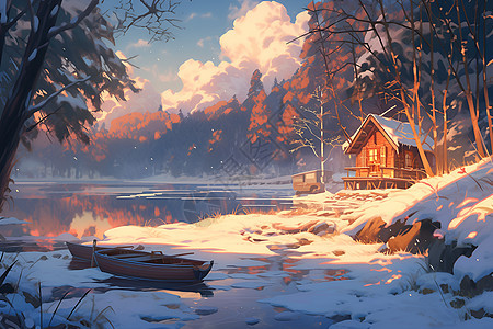 冬日雪景小屋背景图片