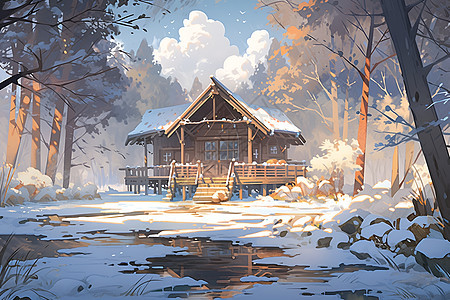 冬日林间小屋图片