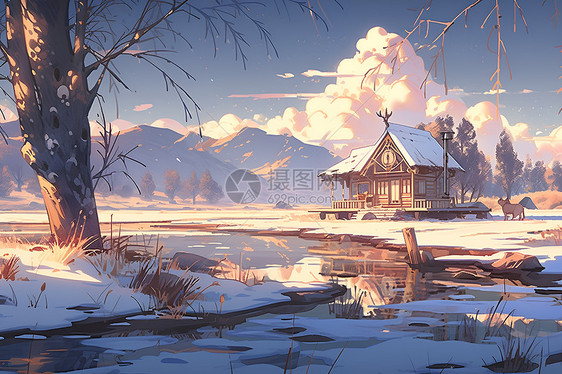 冬日湖畔小屋图片
