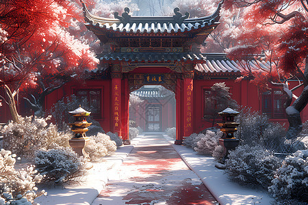 宫殿中的雪景红墙图片