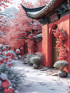 红墙白雪幽雅景致图片