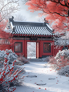 中国宫殿中的雪景背景图片