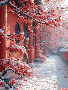中国宫殿下的雪景红墙高清图片