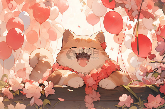 红气球与樱花下的猫图片