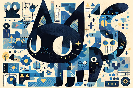 黑色涂鸦风格的动物猫猫插画