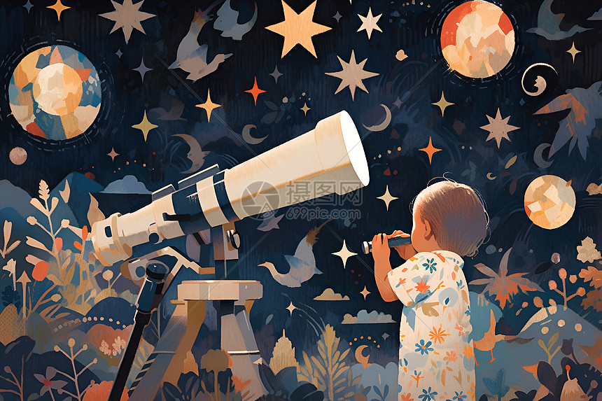 小朋友透过望远镜凝视月亮图片