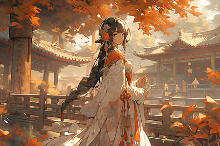 橙叶背景下的白衣女子图片