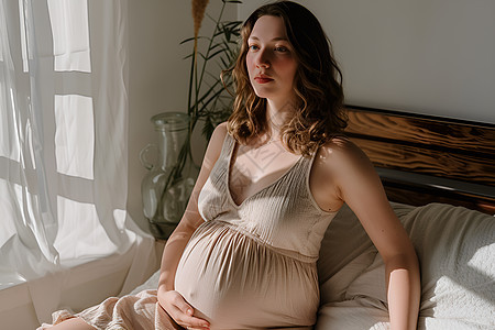 孕妇坐在床上图片
