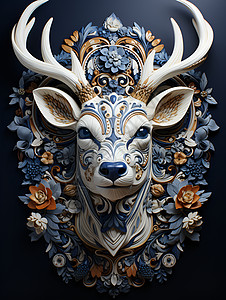 鹿头面具与花卉艺术图片