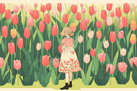 孩子走路植物花丛前的女孩插画